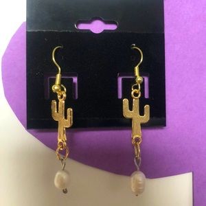 Handmade gold cactus, faux pearl dangle earrings